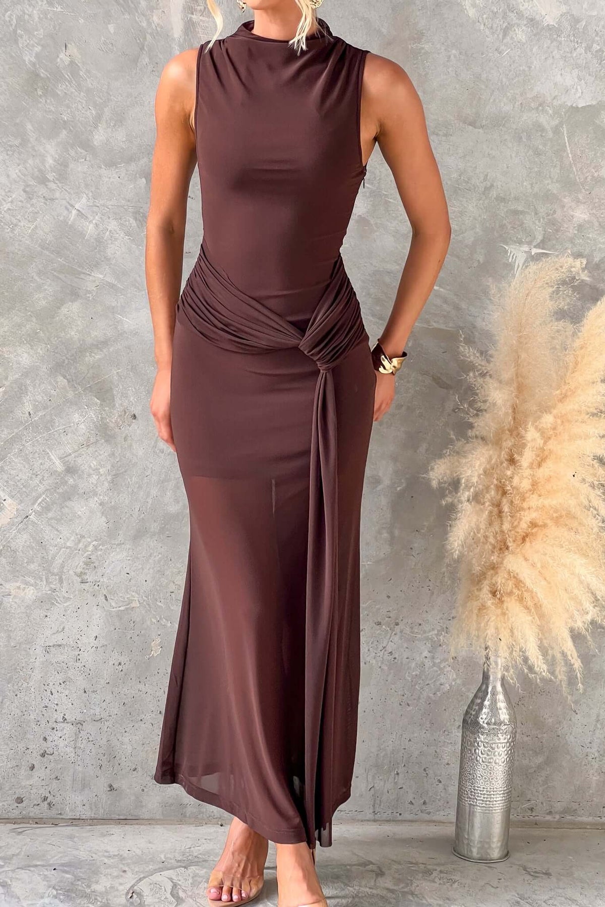 Chic Karter Maxi Dress in brown with high neckline, draping waist, and mesh details, perfect for elegant occasions.