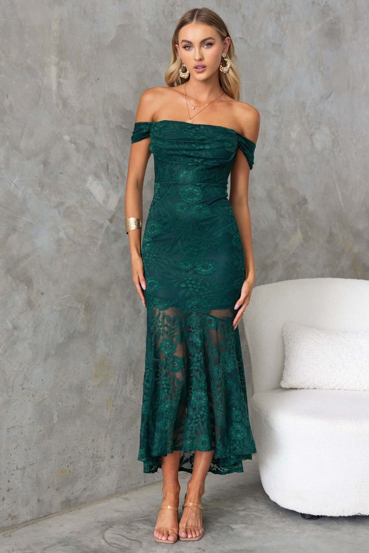 Kearney Midi Dress in dark green lace with off-shoulder neckline, fitted silhouette, and stylish flared hem.