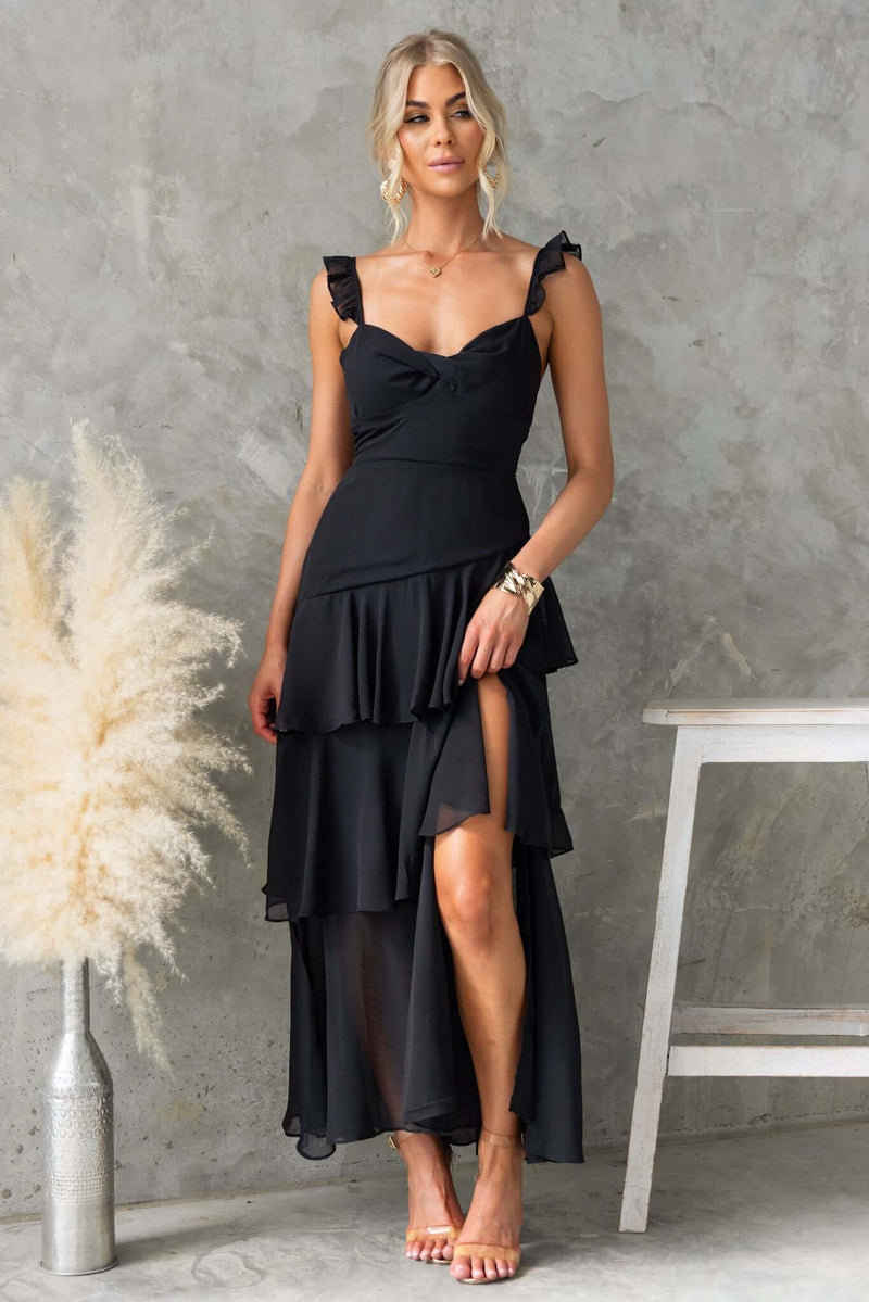Elegant Klaudia Maxi Dress with adjustable straps and front split, perfect for special occasions.