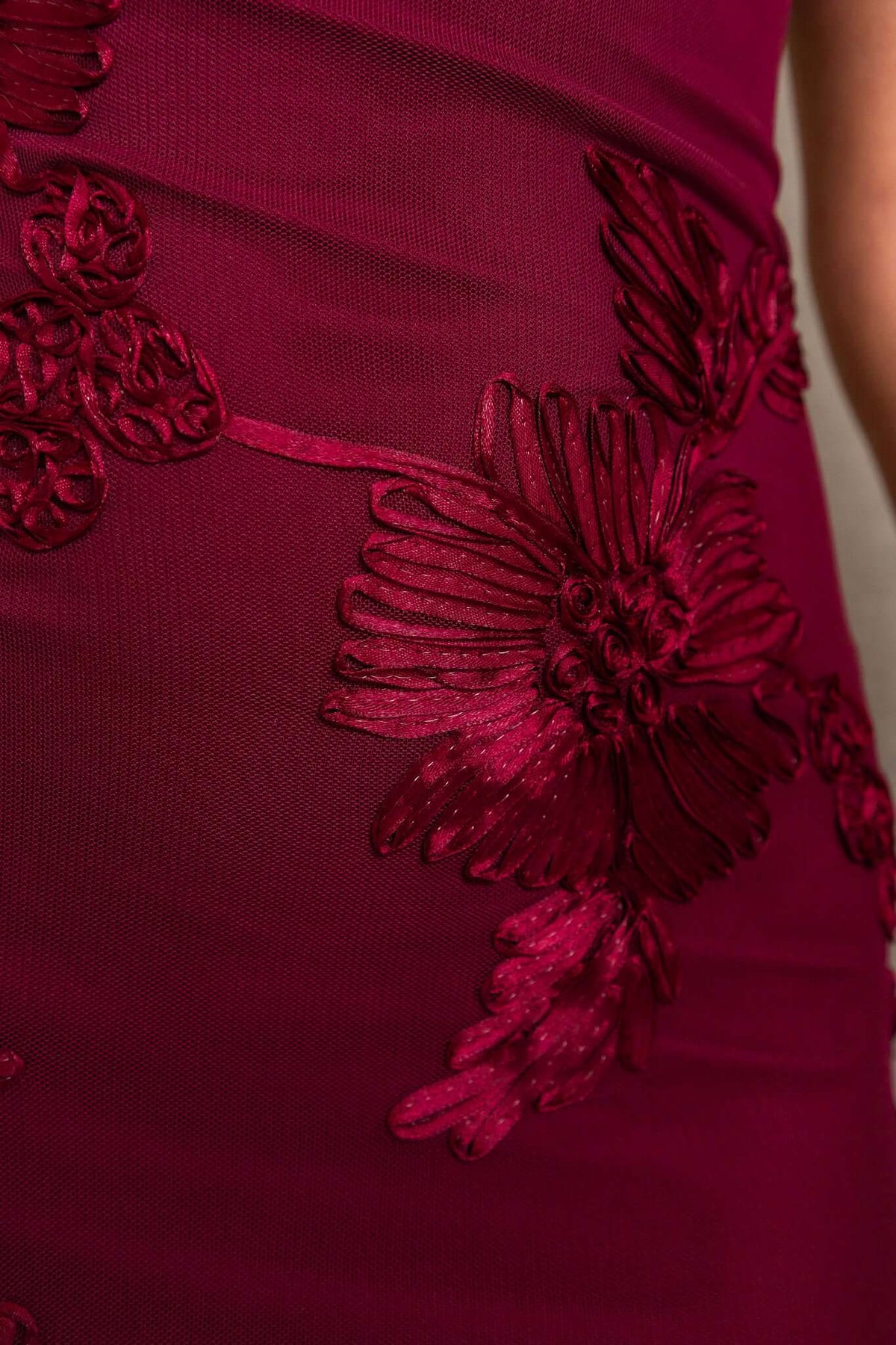 Korren Maxi Dress featuring embroidered mesh detailing in rich burgundy color.