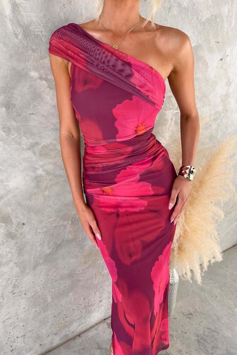 Korren Maxi Dress featuring one-shoulder neckline, stretch mesh material, and a side invisible zip.
