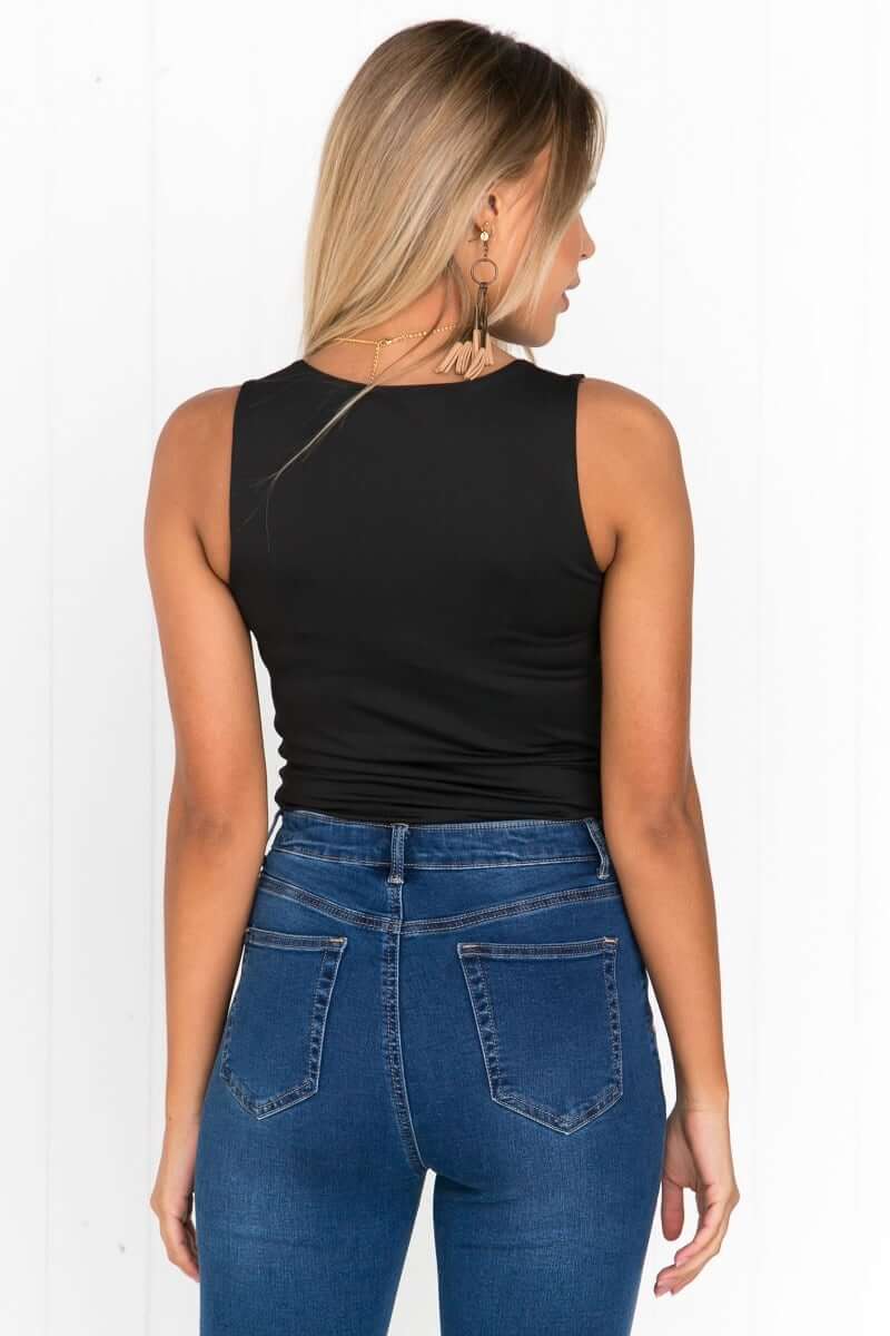 Layla Top by Amaroso the Label, black sleeveless top with wide scoop neckline and stretchy Lycra feel, perfect basic wardrobe piece.
