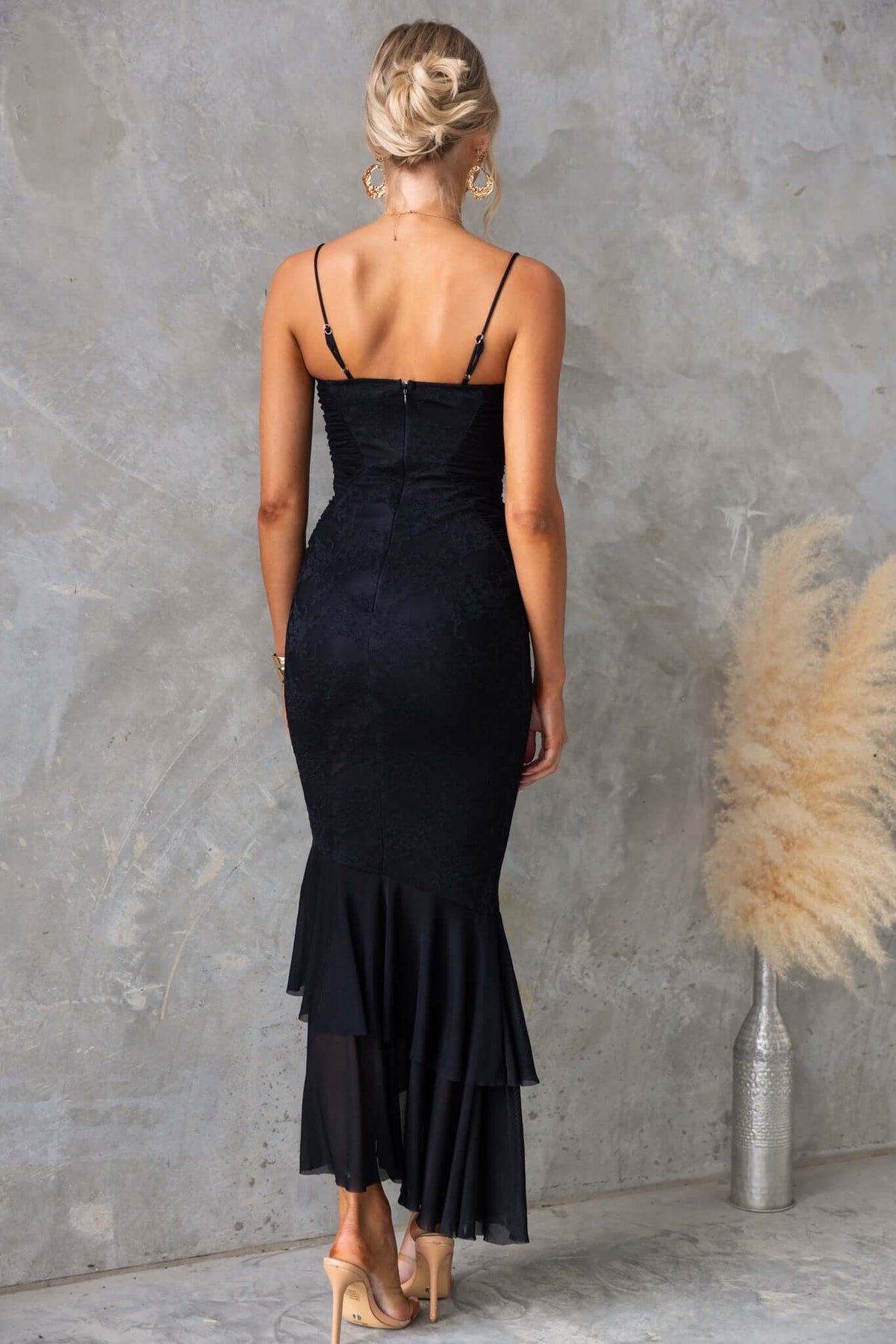 Marilou Maxi Dress back view featuring adjustable straps, lace detailing, and a layered mesh design.
