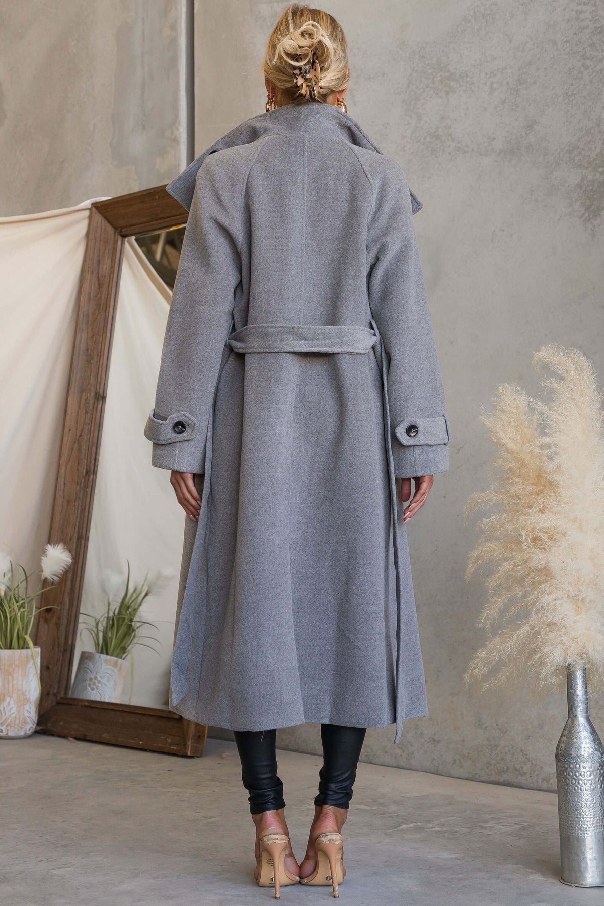 Back view of Modern Love Coat featuring funnel neck, removable belt, and elegant design.