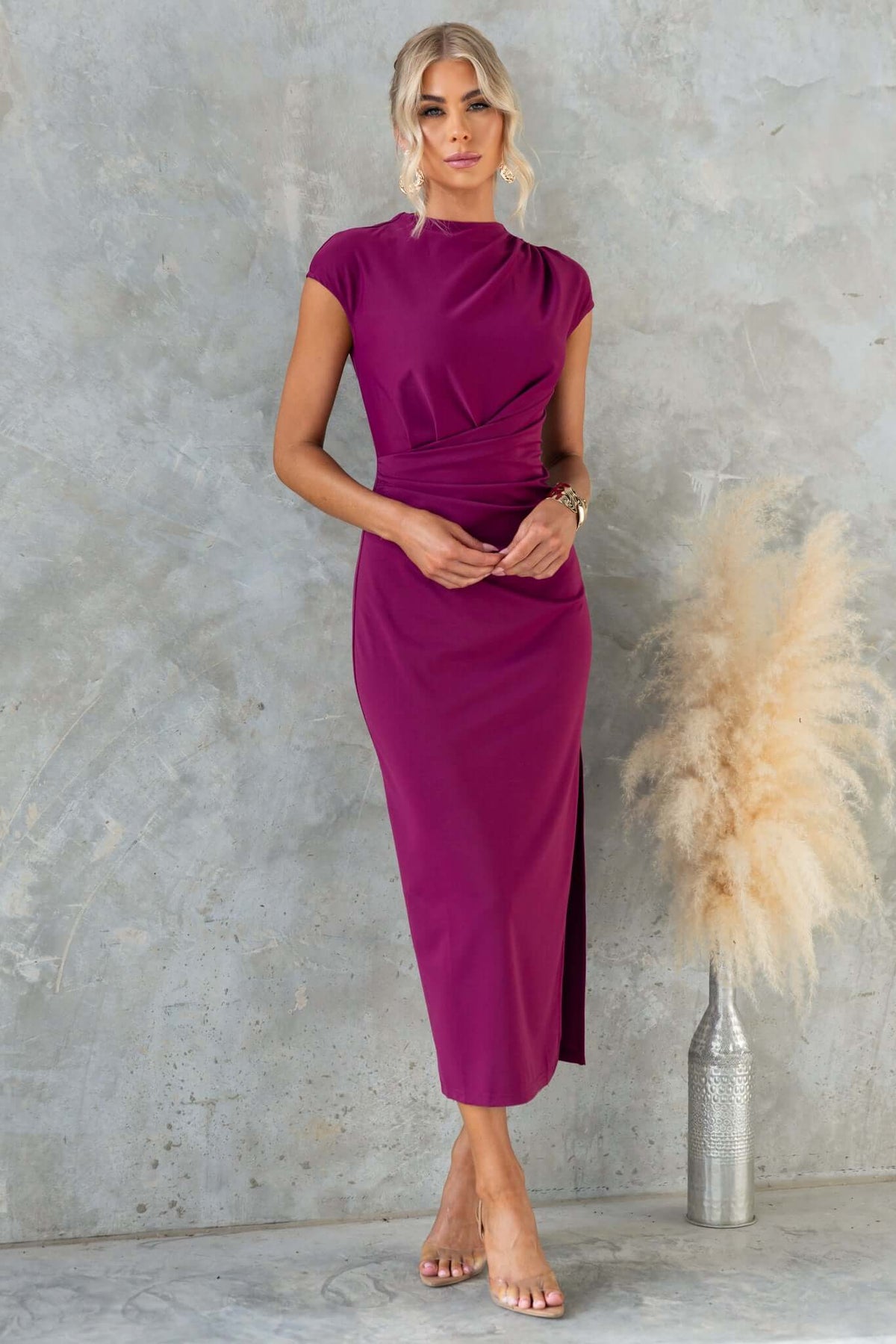 One Star Midi Dress in vibrant purple with high neckline, side split, and invisible back zip, perfect for stylish occasions.