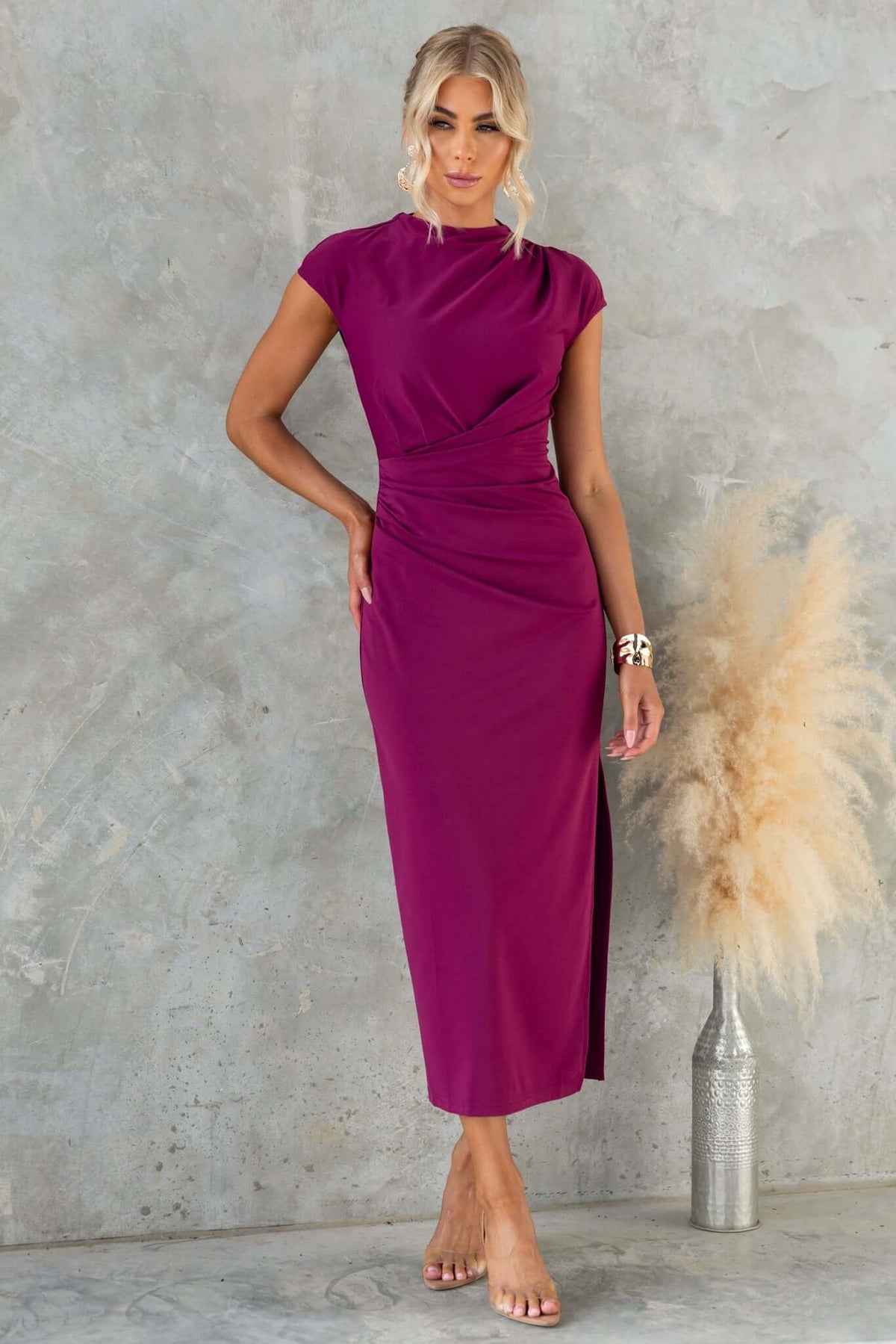 One Star Midi Dress in vibrant purple with high neckline, side split, and flattering fit, perfect for stylish occasions.