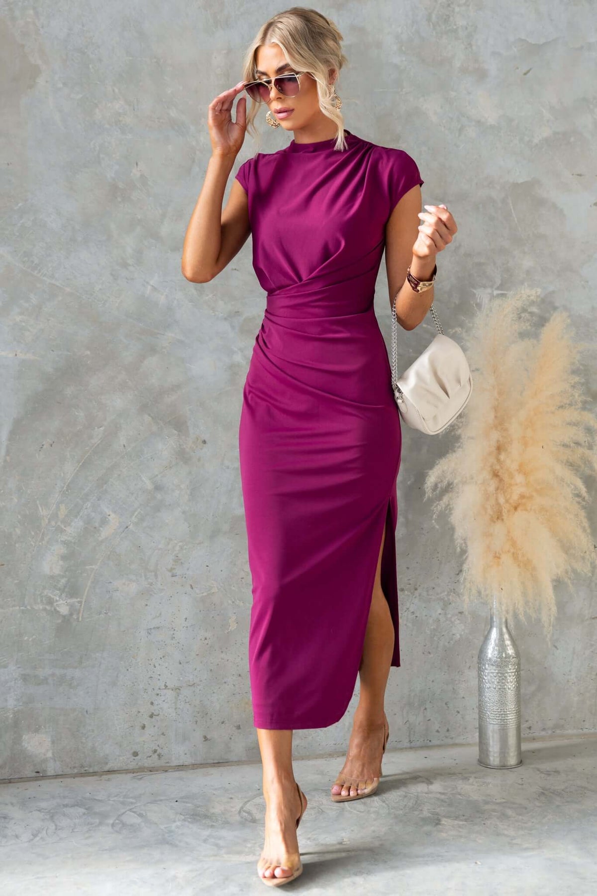 One Star Midi Dress in purple with high neckline, side split, and fitted design, perfect for stylish outings.