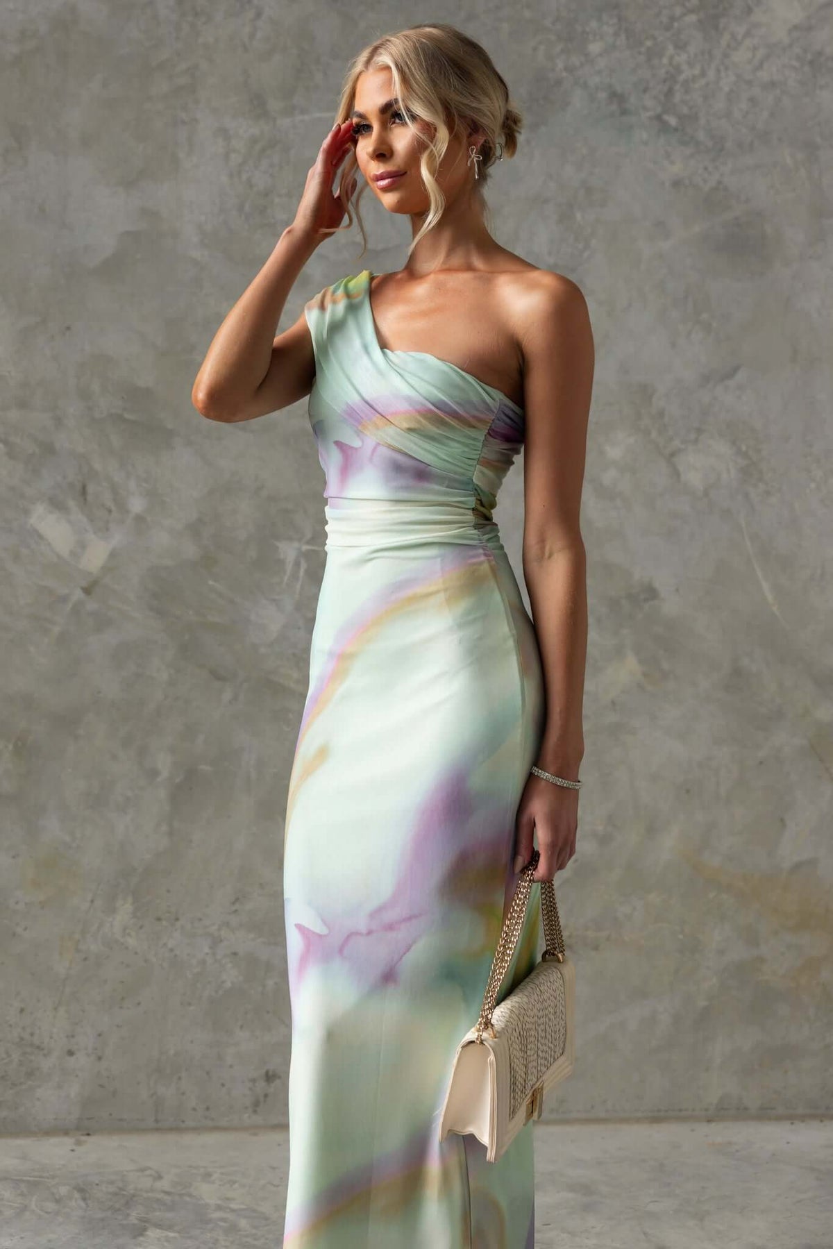 Otelia Maxi Dress featuring a one-shoulder design in colorful mesh fabric, perfect for elegant occasions.