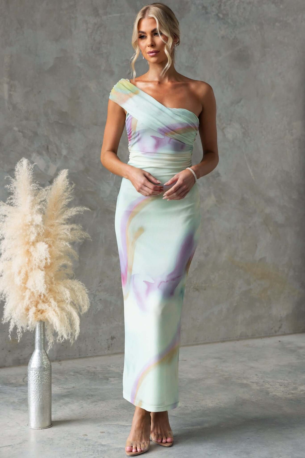 Otelia Maxi Dress in soft mesh with one-shoulder design, featuring pastel colors and a standard fit.