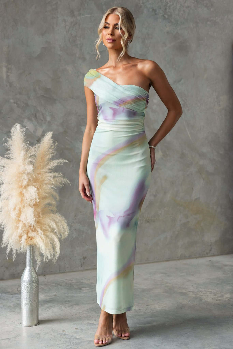 Otelia Maxi Dress featuring a one-shoulder neckline in mesh material, designed for a standard fit, model wears size 6/XS.