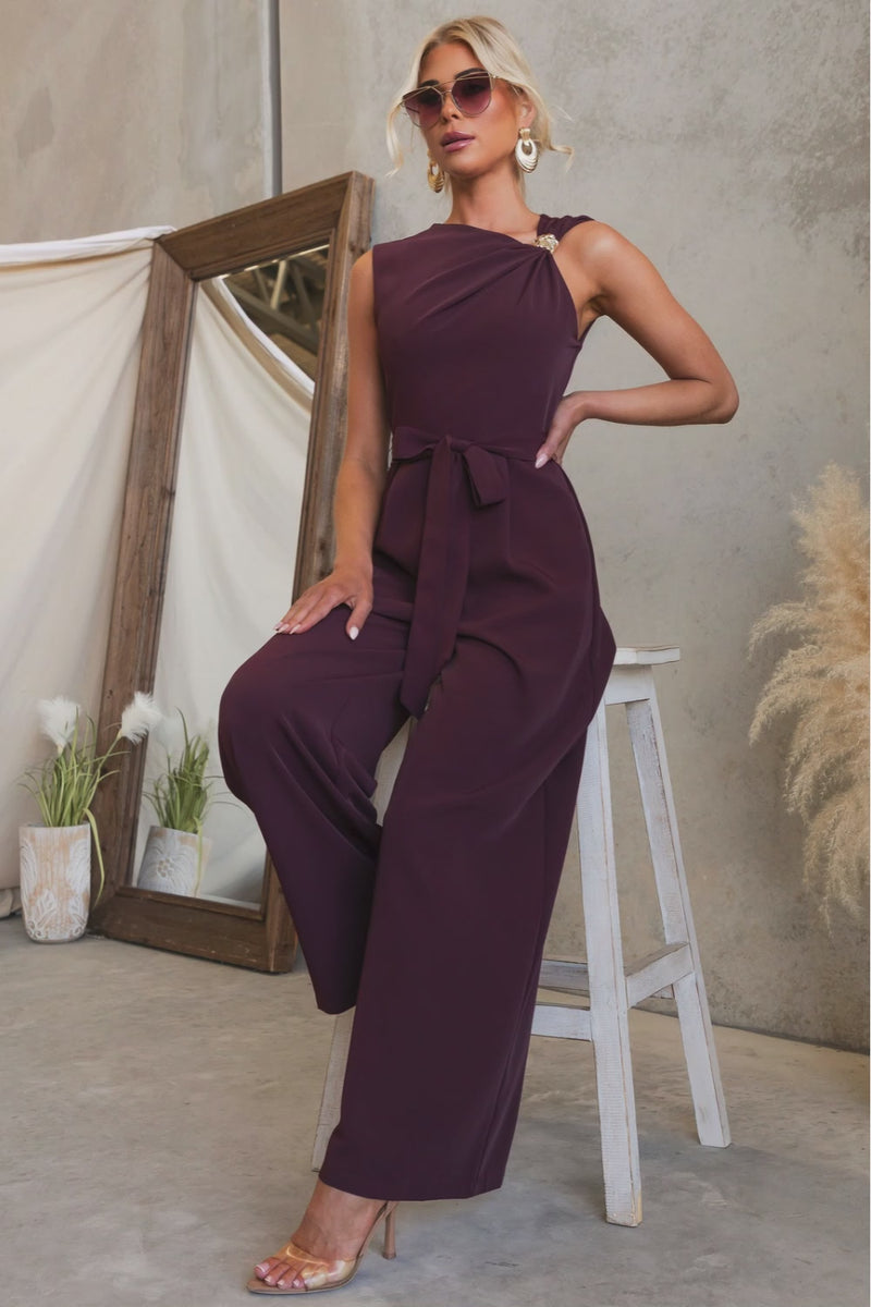 Model wearing Applause Jumpsuit with asymmetric neckline, gold hardware, and a tie in a stylish setting.