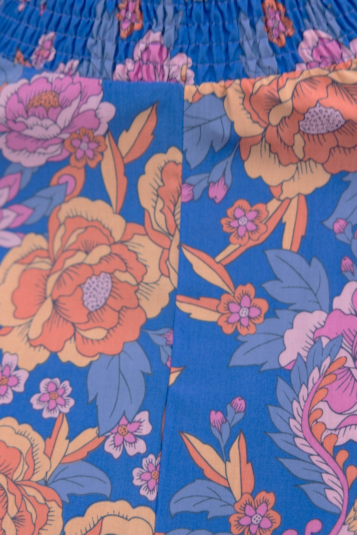 Close-up of vibrant floral print in shades of blue, orange, and pink on a fabric, showcasing intricate details and design.