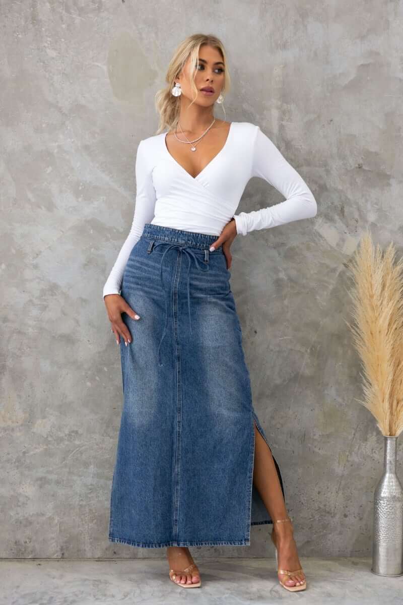 Romina Denim Maxi Skirt Stylish Versatile – Amaroso Boutique