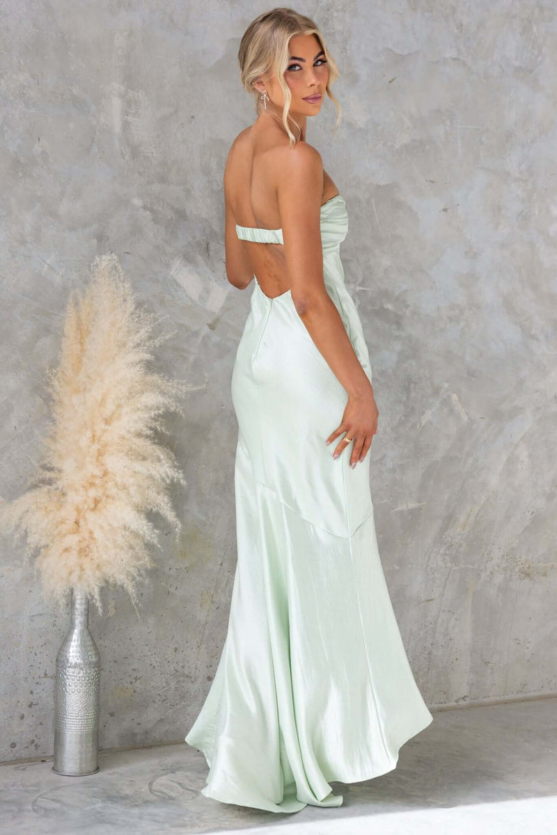 Sancia Maxi Dress in light green, strapless and elegant, showcasing a smooth, fitted silhouette and anti-slip design.