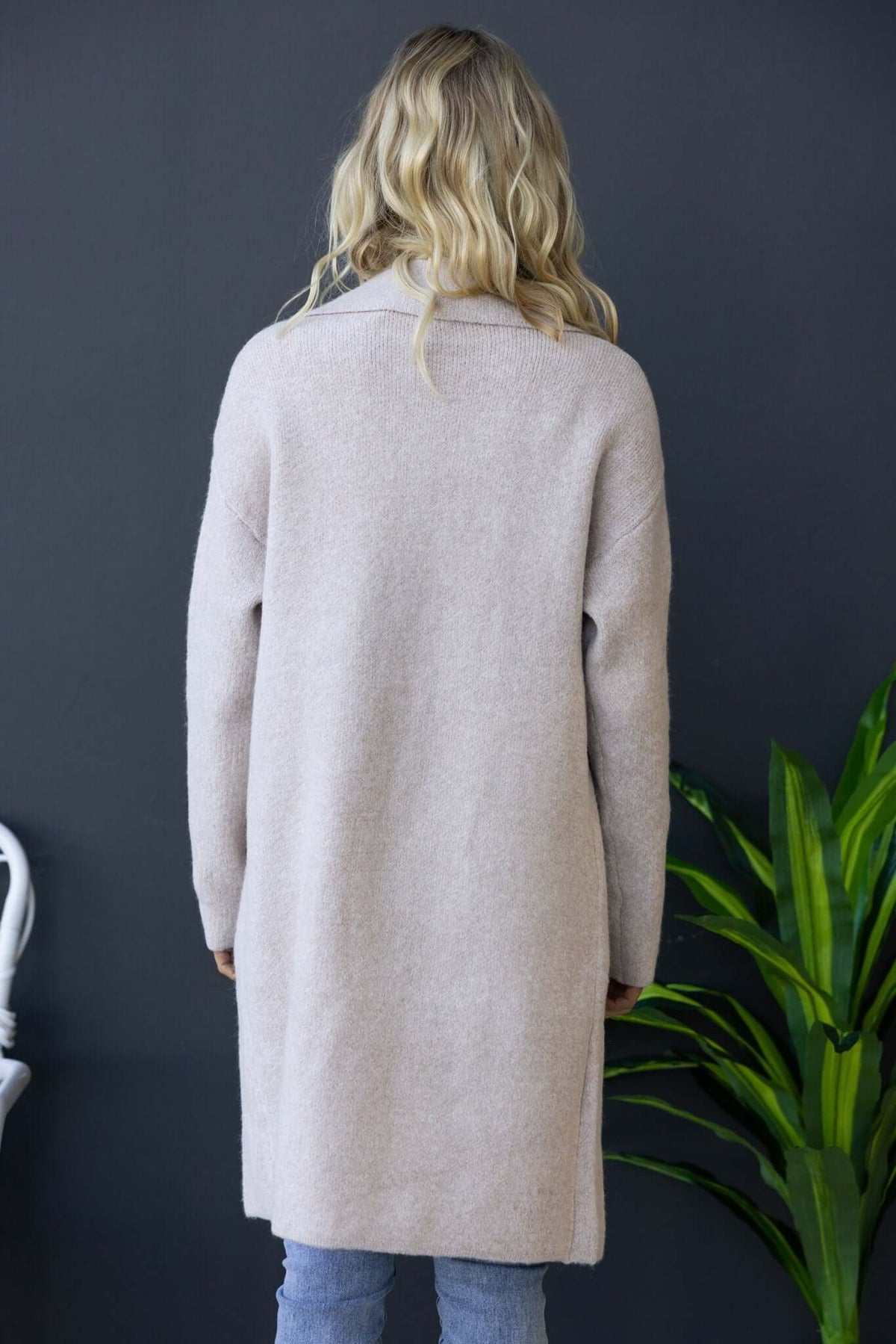 Back view of Sarlia Cardigan in beige, featuring a collar and pockets, styled with a plant backdrop.