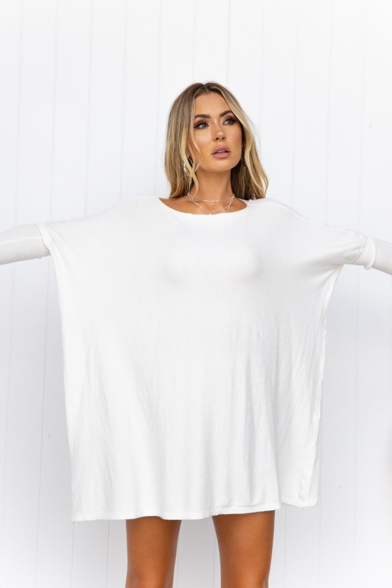 Bonnie Knit oversized white top dress with full sleeves, stretchy cotton material, casual and comfortable fit.