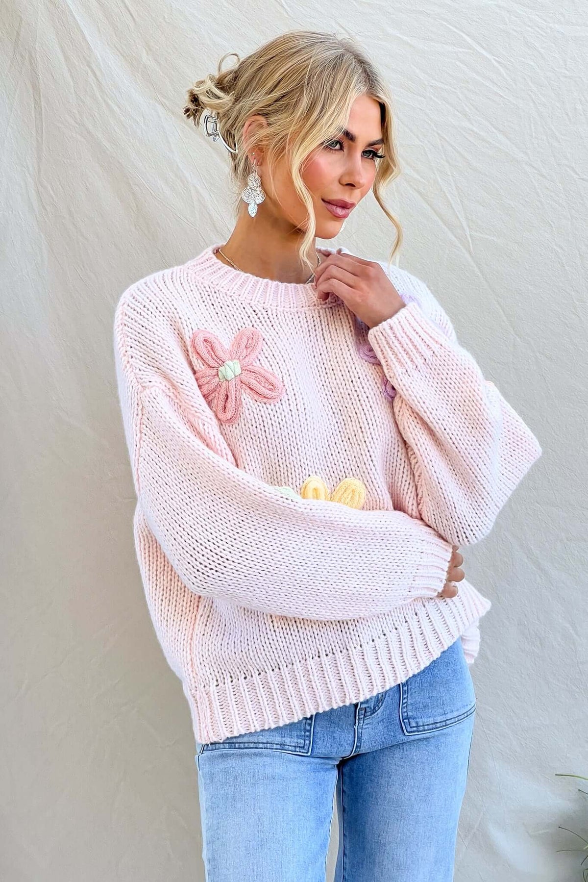 Thought Of You Jumper in soft pink, featuring embroidered flowers and relaxed fit, perfect for casual styling.