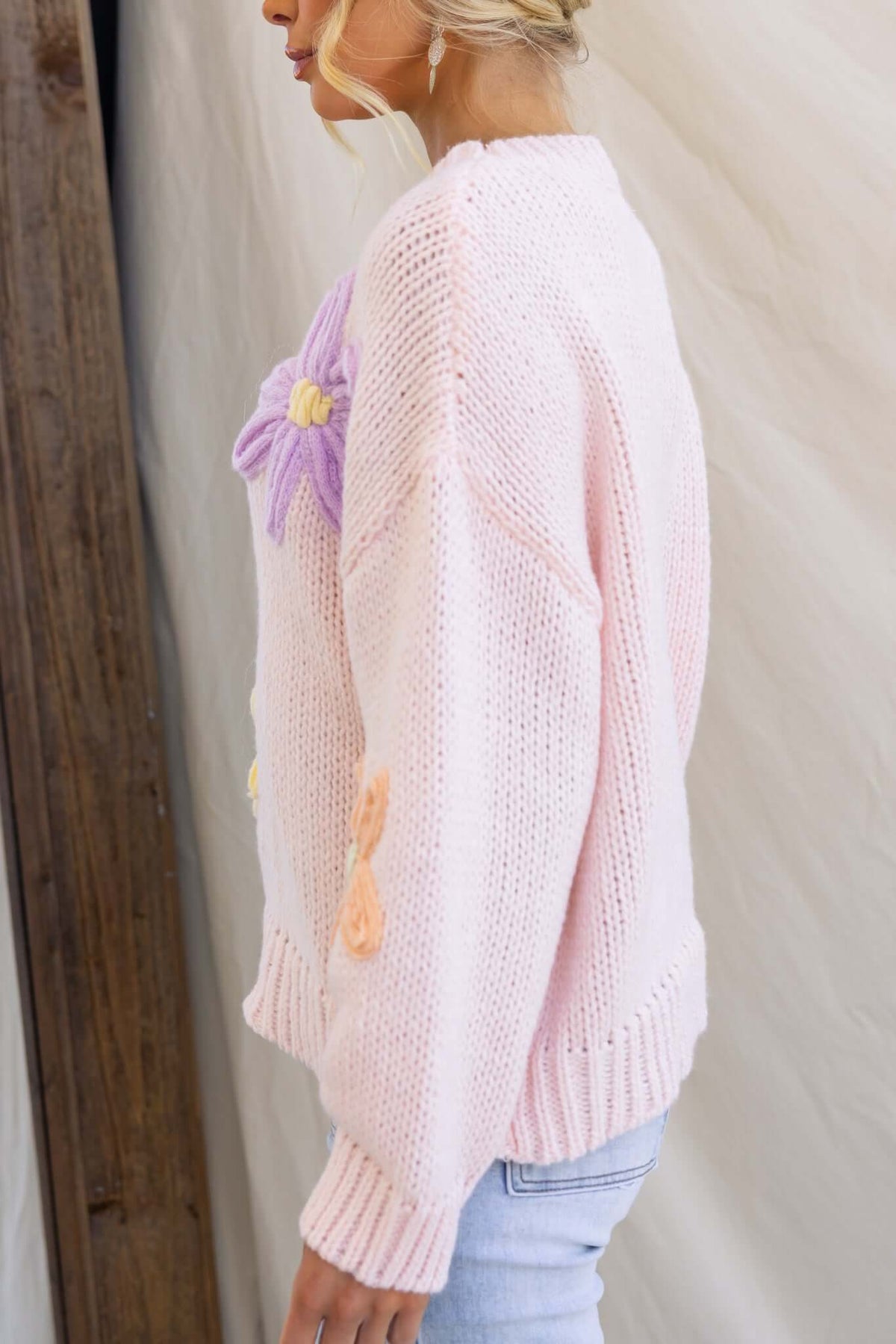 Pink Thought Of You Jumper with embroidered details, round neckline, and relaxed fit, perfect for casual style.