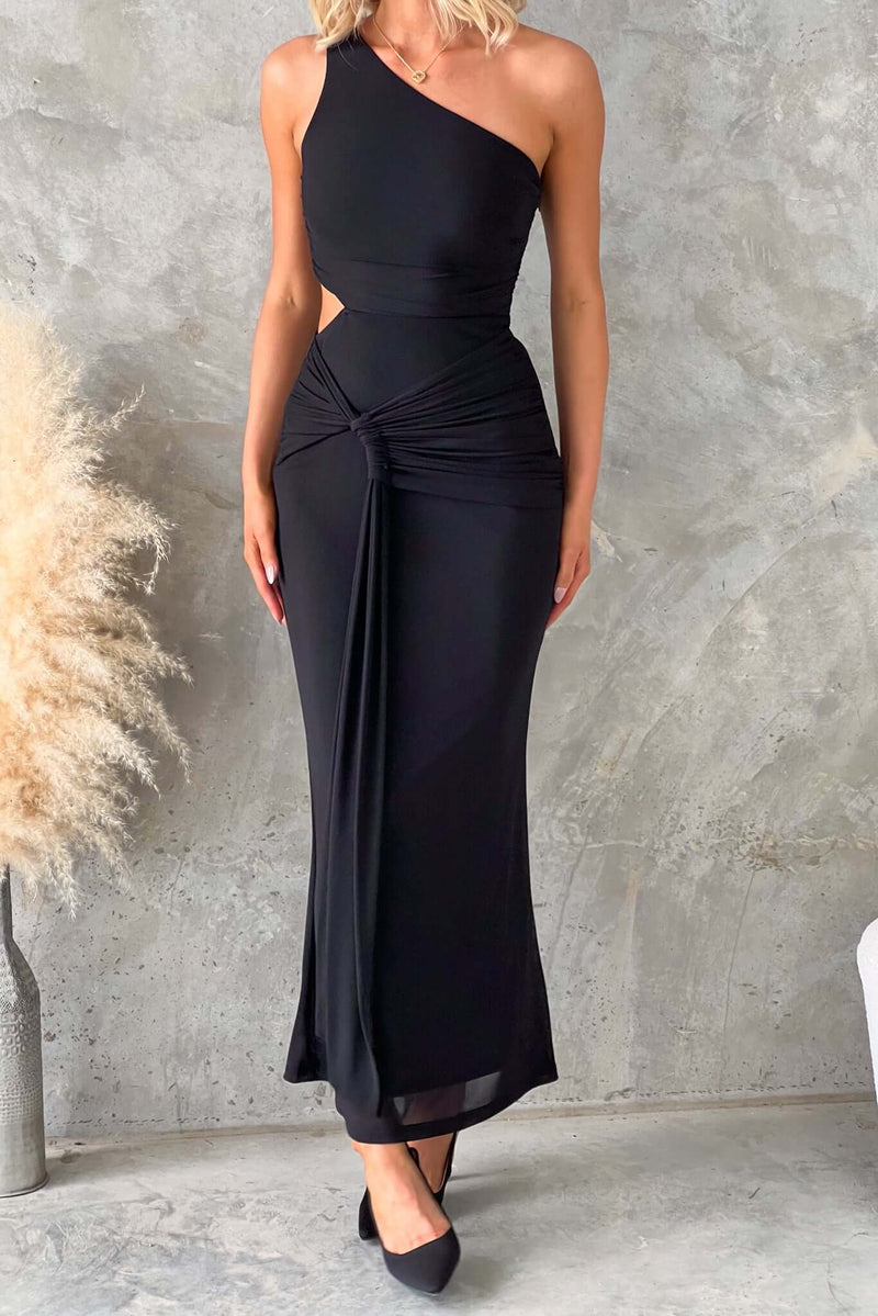 Ultra maxi dress with a one-shoulder neckline, cut-out at waist, and stretch mesh material, perfect for special occasions.