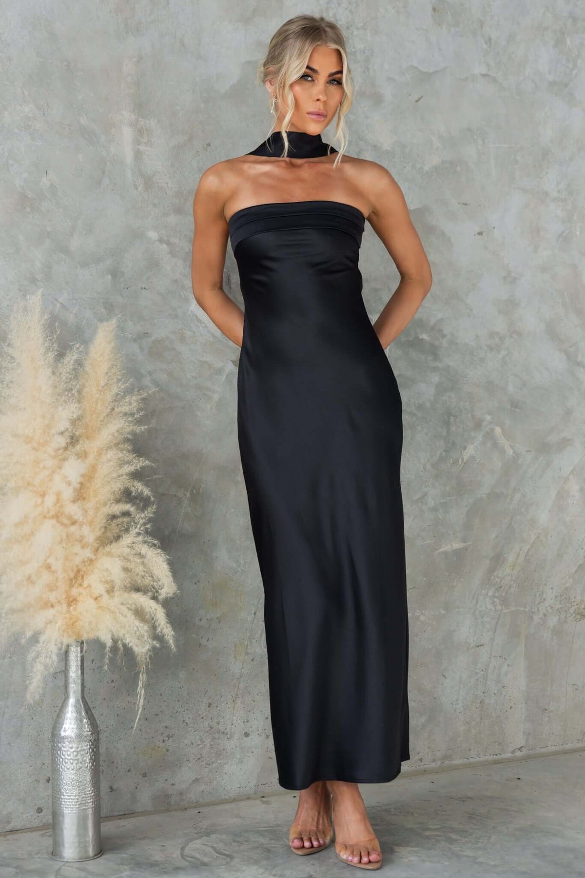 Amaroso Bridal Verda Maxi Dress in black, strapless with tie, side zipper, non-stretch, elegant evening attire.
