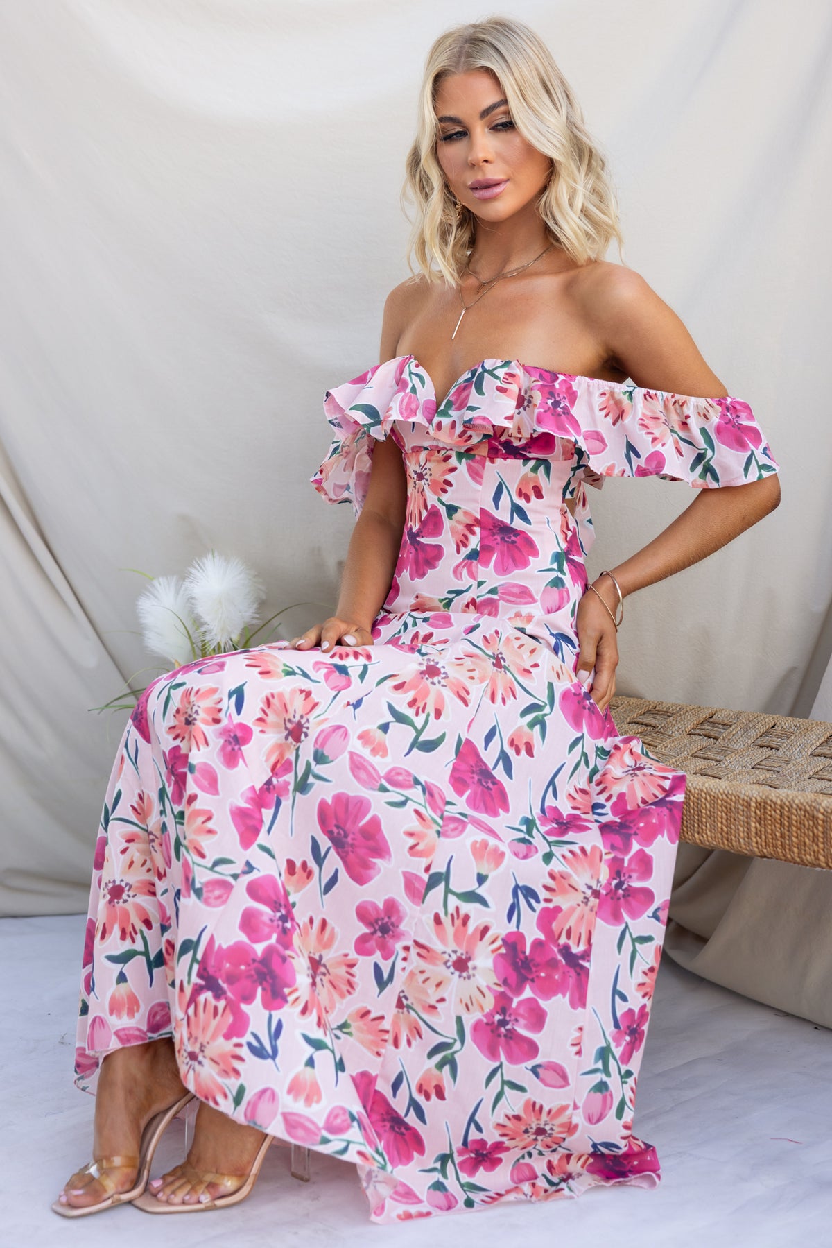 Wilma Maxi Dress in floral print with off-shoulder ruffles, perfect for summer occasions and made from soft cotton blend.