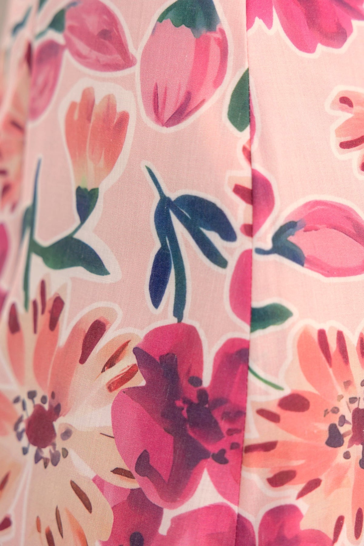 Close-up of Wilma Maxi Dress fabric featuring colorful floral print, showcasing design details and vibrant colors.